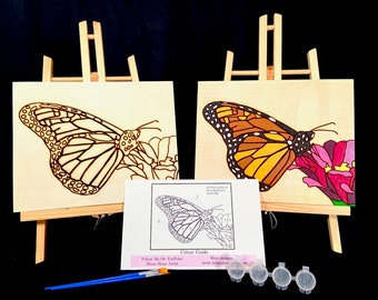 Monarch Butterfly On Violet Flower - Paint By Number Kit for Kids and Adults - Acrylic Paint with Burned Lines on Wooden Plank