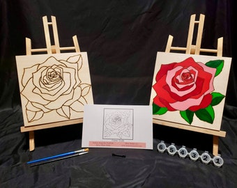 Red Rose Paint By Number Kit for Kids and Adults- Acrylic Paint on Wooden Canvas