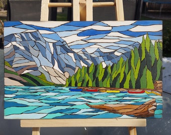 Moraine Lake, Banff, Canada Acrylic Painting & Wood Burn Original Artwork