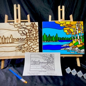Ontario Lakes Paint By Number Kit for Kids and Adults Acrylic Paint with Burned Lines on Wooden Plank image 1