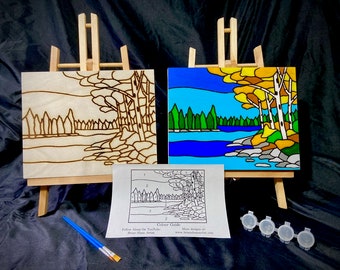 Ontario Lakes Paint By Number Kit for Kids and Adults- Acrylic Paint with Burned Lines on Wooden Plank