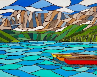 Cameron Lake, Waterton Lakes Park, Canada - Acrylic Painting & Wood Burn Original Artwork