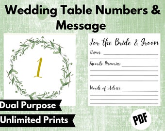 Wedding Dinner Table Numbers and Message For Bride and Groom - Gold Numbers with Leaves