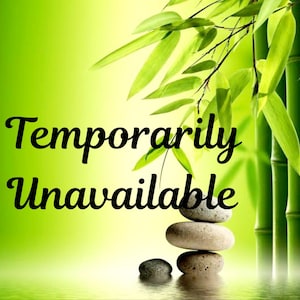 May include: A green and yellow background with bamboo stalks and leaves. The text "Temporarily Unavailable" is written in black cursive font. A stack of grey stones is in the centre of the image.