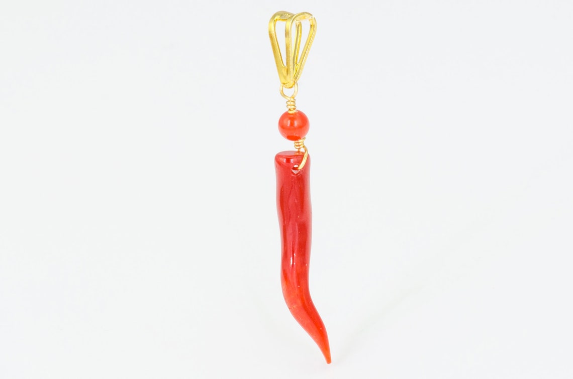 Italian Good Luck Coral Horn Charms With Attached Coral Bead Ethnic