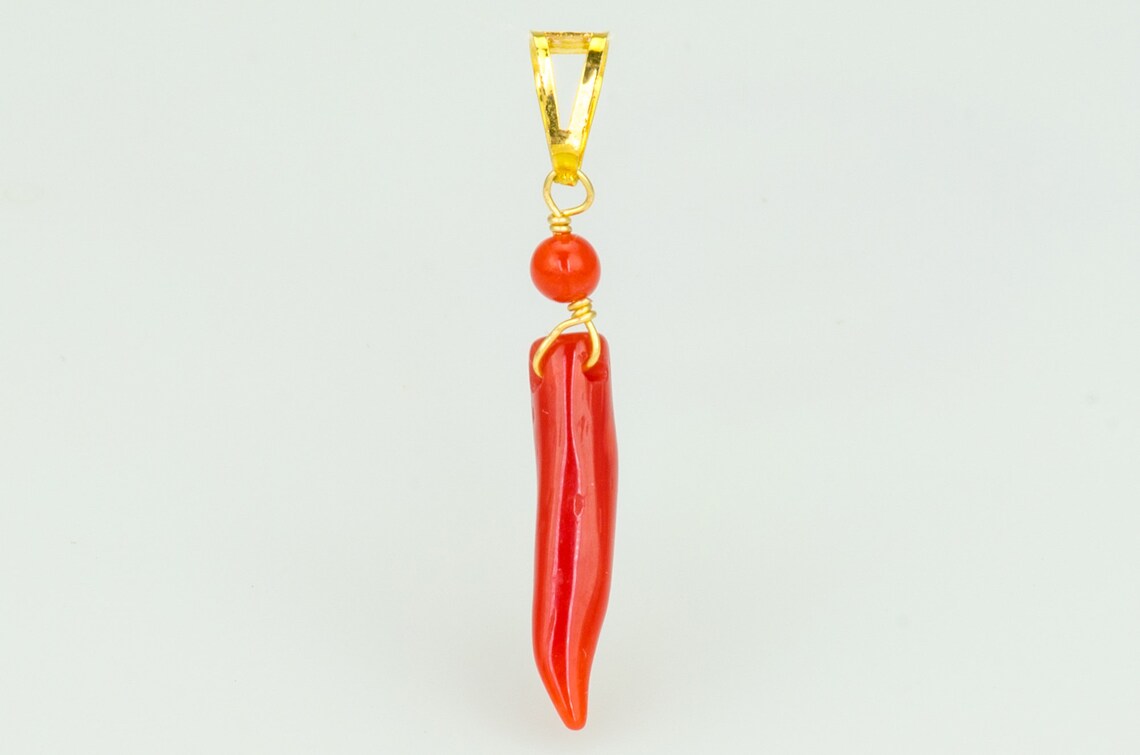 Italian Good Luck Coral Horn Charms With Attached Coral Bead Ethnic