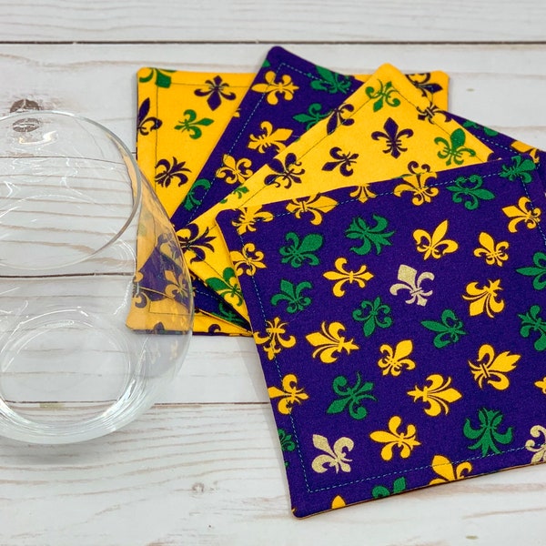 Mardi Gras Fleur de Lis Reversable Fabric Coaster Set