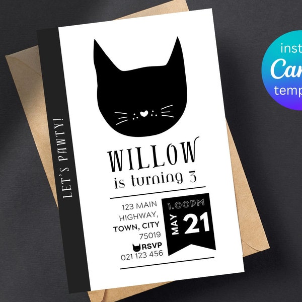 Cat, Lets Pawty Invitation, DIY Canva Invitation - Monochrome Kitten Invite