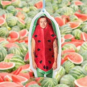 May include: A watermelon-themed air freshener featuring a person dressed as a watermelon, with a red body and black seeds. The air freshener is hanging against a background of watermelons and watermelon slices.