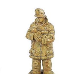 Solid Rock Stoneworks Fireman Holding Infant- 16in Tall- Autumn Wheat