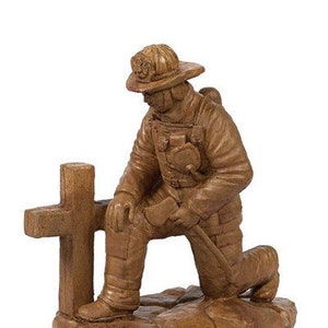 Solid Rock Stoneworks Kneeling Firefighter Memorial Statue- Solid Concrete Firefighter with Cross – Outdoor Garden Memorial– 19” Tall