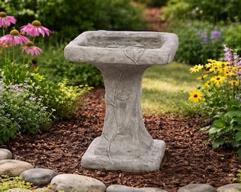 Solid Rock Stoneworks Square Ivy Birdbath 17in Tall Pre Aged Color