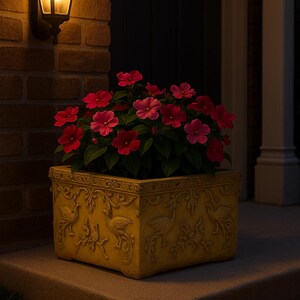 May include: A rectangular, yellow-toned planter filled with vibrant red and pink flowers. The planter features an ornate design with bird and floral motifs. An outdoor lamp illuminates the scene, creating a warm ambiance.