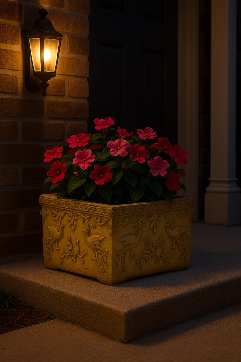 May include: A rectangular, yellow-toned planter filled with vibrant red and pink flowers. The planter features an ornate design with bird and floral motifs. An outdoor lamp illuminates the scene, creating a warm ambiance.