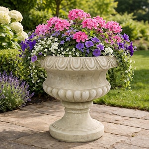 May include: A large, ornate stone planter filled with vibrant pink, purple, and white flowers. The planter sits on a stone patio, surrounded by green grass and foliage, creating a classic garden scene.