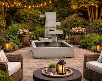 Solid Rock Stoneworks 4 Tier Concrete Tray Fountain – Large Outdoor Garden Water Fountain – Tiered Patio Fountain Decor – Water Feature