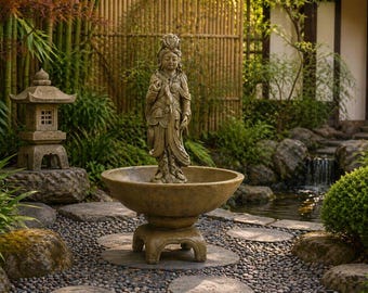 Solid Rock Stoneworks 36in Wok Oriental Fountain– Asian Zen Outdoor Water Fountain– Concrete Garden Patio Fountain– Cast Stone Decor