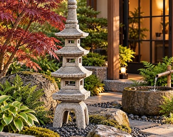 May include: A multi-tiered stone pagoda sculpture featuring a textured, light gray finish with four levels and a pointed finial top, standing upright on a base with four arched openings, designed for outdoor garden placement.