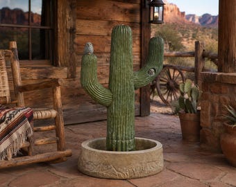 Solid Rock Stoneworks Outdoor Cactus Fountain- Cast Stone Concrete Water Feature-Desert Garden Fountain- Southwest Patio Decor-Cactus Statue