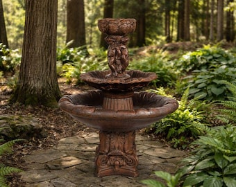 Solid Rock Stoneworks 2 Tier Round 3 Cherubs Deep Bowl Fountain- Outdoor Water Fountain- Concrete Garden Patio Fountain- Cast Stone Decor