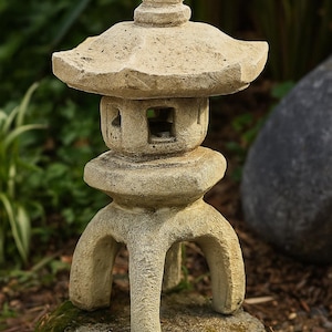 May include: A beige stone garden lantern with a multi-tiered design. The lantern has a domed top, a central section with square openings, and is supported by three curved legs. It is placed on a mossy rock in a garden setting.
