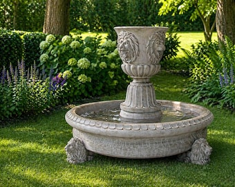 Solid Rock Stoneworks Lion Urn Outdoor Fountain- Cast Stone Concrete Garden Water Feature- Courtyard, Patio Water Fountain- Garden Decor