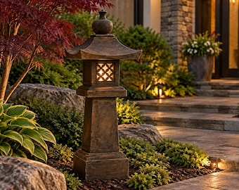 Solid Rock Stoneworks Japanese Stone Garden Lantern, 43" Concrete Pagoda Lantern, Outdoor Zen Decor, Asian Garden Statue, Koi Pond Ornament