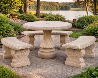 Round Concrete Table Set – Outdoor Patio Dining Set with 3 Curved Benches – Handcrafted Stone Garden Furniture – Made in USA
