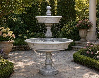 Solid Rock Stoneworks 2 Tier Basin Fountain – Large Concrete Outdoor Water Fountain – Classic Garden Patio Fountain – Cast Stone Yard Decor