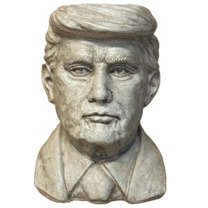 May include: A white plaster bust sculpture of a man with short, combed-over hair. The sculpture is a realistic depiction of the man's face and features a simple, collared shirt.