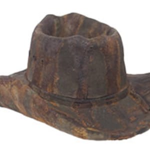 May include: A brown cowboy hat with a wide brim and a band around the crown.