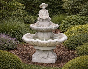 Solid Rock Stoneworks 2 Tier Seashell Boy Holding Lily Fountain- Outdoor Water Fountain- Concrete Garden Patio Fountain- Cast Stone Decor
