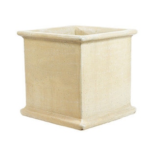 May include: A square, off-white planter made of concrete. The planter has a slightly textured surface and a simple, modern design.