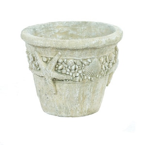 May include: A white ceramic planter with a decorative band of seashells and starfish.