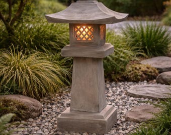 Hypertufa Garden Lantern 3 Sizes | Square Japanese Lantern | Taupe