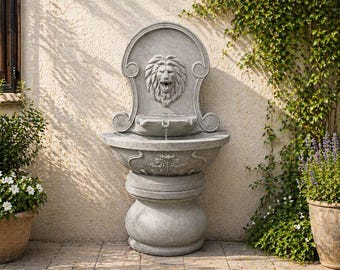 Solid Rock Stoneworks Lion Wall Fountain- Large Cast Stone Concrete Outdoor Water Fountain- Garden Wall Water Feature-Patio Decor- 60" Tall