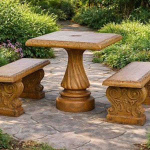 May include: A brown outdoor patio set with a square table and two benches. The table has a decorative pedestal base and the benches have ornate scrollwork legs. The set is made of a stone-like material and is surrounded by greenery.