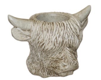 Solid Rock Stoneworks Highland Cow Planter – Rustic Farmhouse Cow Head Flower Pot – Large Indoor Outdoor Garden Decor