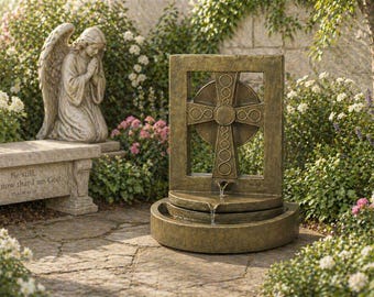 Solid Rock Stoneworks Celtic Cross Outdoor Fountain – Religious Garden Water Fountain – Irish Inspired Patio Fountain – Cast Stone Concrete