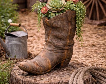 Solid Rock Stoneworks Western Boot Planter- 21in Tall- Rust