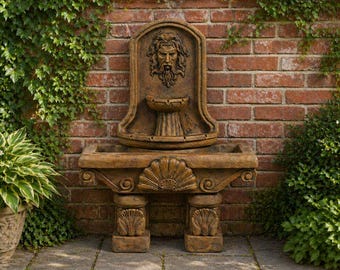 Solid Rock Stoneworks Neptune Wall Fountain- Large Cast Stone Concrete Outdoor Water Fountain- Greek God Garden Fountain- Water Feature