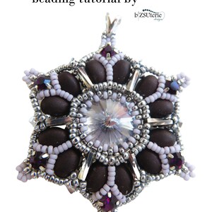 May include: A close-up of a beaded snowflake pendant with a clear crystal center, brown and silver beads, and purple accents. The pendant is hanging from a silver loop. The text "harley beading tutorial by b/zSuteric design" is visible at the top of the image.