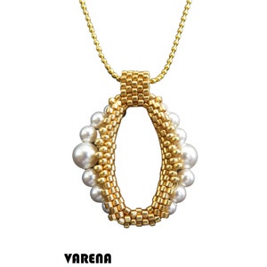 May include: A gold beaded necklace with a pendant featuring a gold oval frame with white pearls around the edge. The pendant is attached to a gold chain. The text "VARENA BEADING PATTERN BY bizSutterie" is below the necklace.