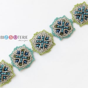 May include: A beaded bracelet with a silver clasp and five green, blue, and silver star-shaped beads. The bracelet is made by Bizsuterie design.