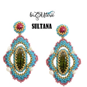 Sultana pendant and earrings- instant download DIY beading pattern, tutorial in ENGLISH with cylinder beads and Swarovski cabochons