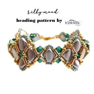 May include: A silver and gold beaded bracelet with green accents. The bracelet is made with a repeating pattern of silver beads, gold beads, and green beads. The bracelet is called "Silky Mood beading pattern by bZSuterie design".