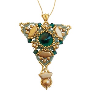 May include: A gold and green beaded pendant necklace with a large green gemstone in the center. The pendant is shaped like a triangle with a smaller triangle hanging from the bottom. The necklace is made by bizUtterie.