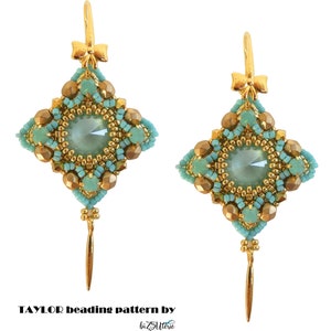 May include: A pair of gold and turquoise beaded earrings with a square shape and a crystal center. The earrings are hanging from gold hooks with a bow detail.