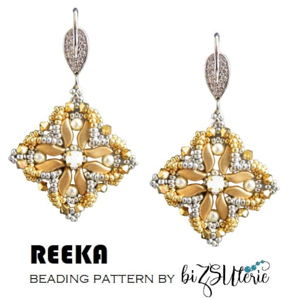 Reka earrings- instant download DIY beading pattern, tutorial in ENGLISH with seed beads, chaton montees, StormDuo beads, bicones