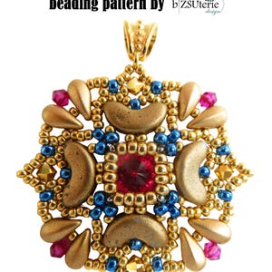 May include: A gold, blue, and red beaded pendant with a starburst design. The pendant is made with seed beads and features a large red crystal in the center. The pendant is labeled "Nova series / Nika beading pattern by bZSuterie design".